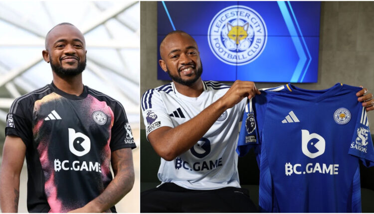 Jordan Ayew flaunts his Leicester City shirt after completing his two-year deal with the Foxes.